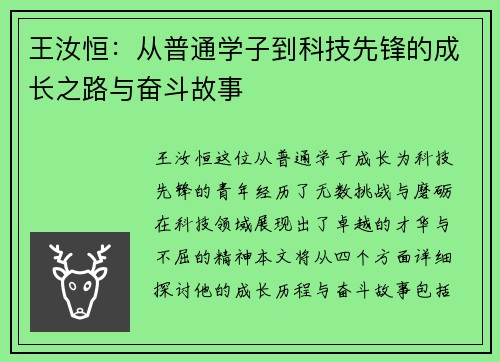 王汝恒：从普通学子到科技先锋的成长之路与奋斗故事